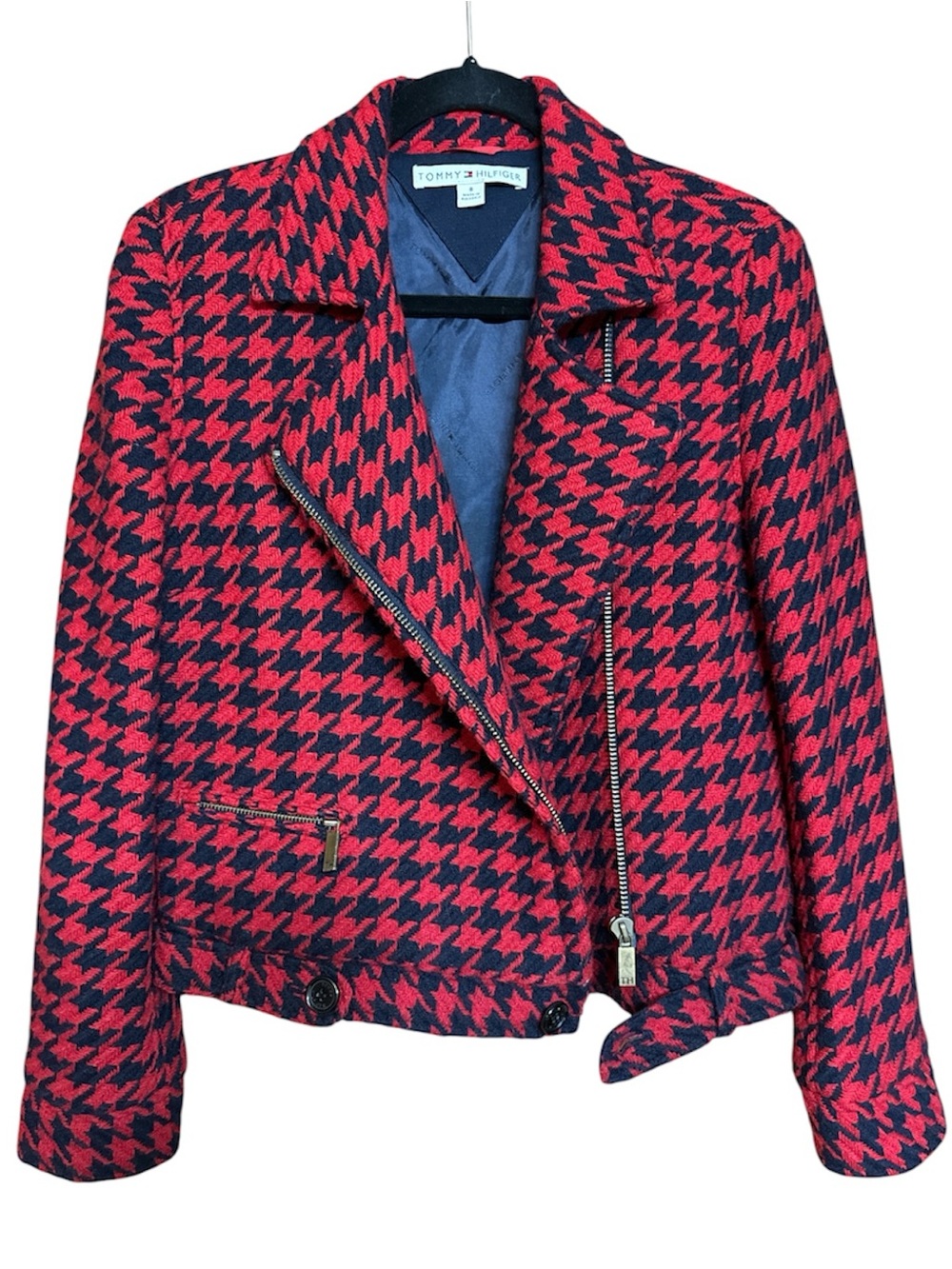Tommy Hilfiger Woman’s Red & Navy Houndstooth Wool Blend Blazer Motto Jacket sz8